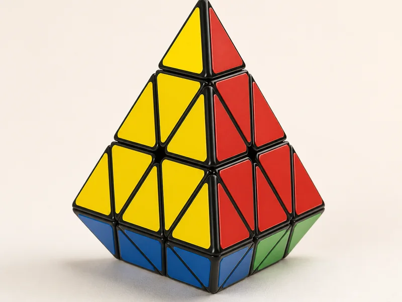 פאזל Pyraminx צבעוני בצורת פירמידה בתצלום מוצר מציאותי