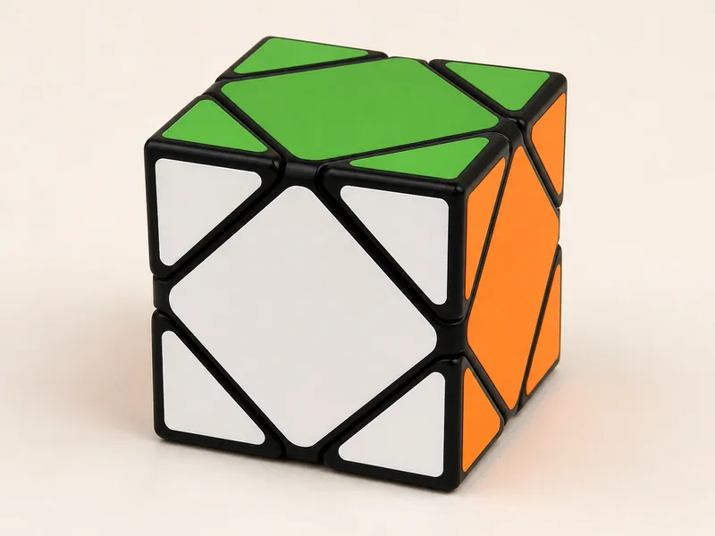 פאזל Skewb פתור עם מרכז מרובע וארבע פינות משולשות בכל פאה